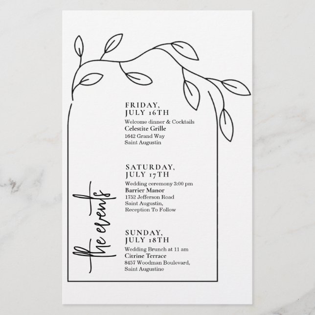 Minimal Foliage Arch Wedding Events Timeline (Front)