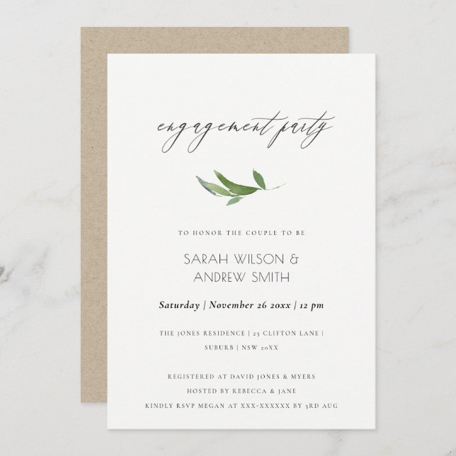 MINIMAL FOLIAGE GREENERY GOLD FRAME ENGAGEMENT INVITATION (Front/Back)