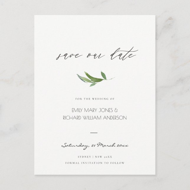 MINIMAL FOLIAGE GREENERY WATERCOLOR SAVE THE DATE ANNOUNCEMENT POSTCARD (Front)