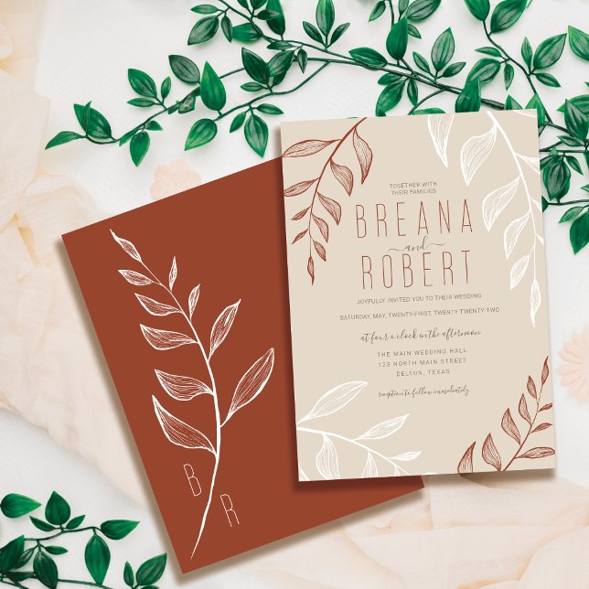 Minimal Foliage Rust Cream Leaves Wedding Invitation (Creator Uploaded)