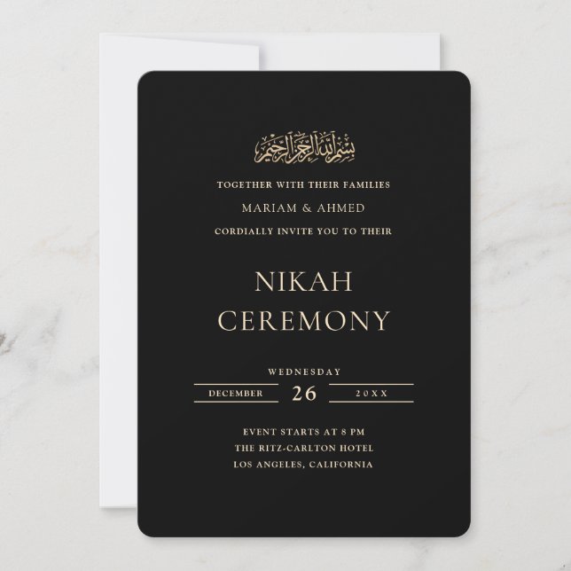 Minimal Formal Gold Script Black Nikah Ceremony Invitation (Front)