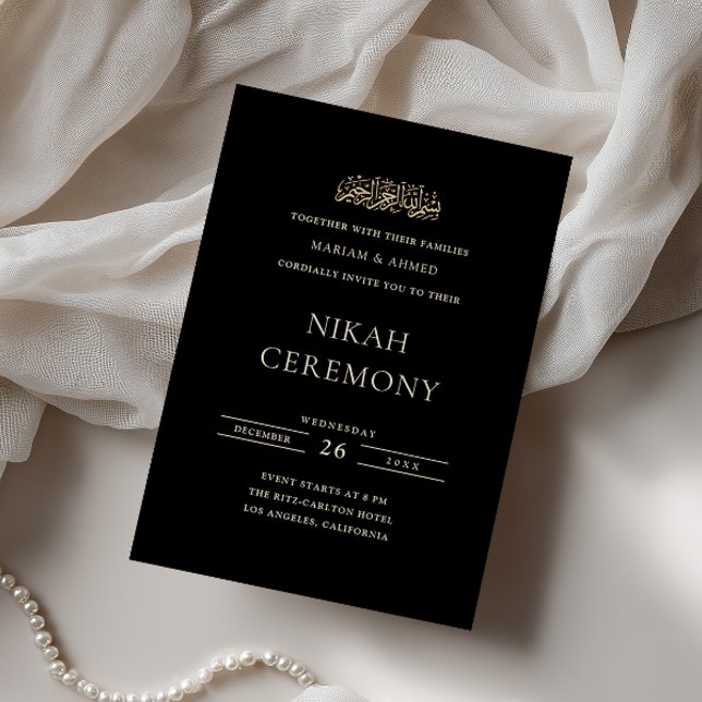 Minimal Formal Gold Script Black Nikah Ceremony Invitation (Creator Uploaded)