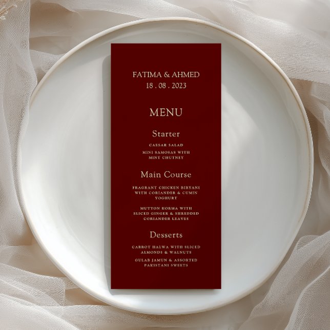 Minimal Formal Gold Script Burgundy Wedding Dinner Menu (Creator Uploaded)