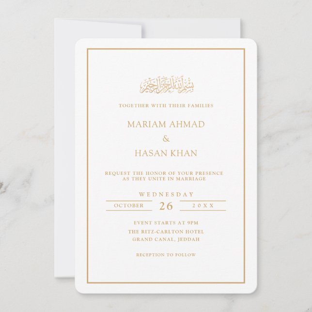 Minimal Formal Script Gold Frame Muslim Wedding Invitation (Front)