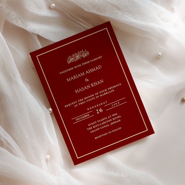 Minimal Frame Gold Script Burgundy Muslim Wedding Invitation (Creator Uploaded)