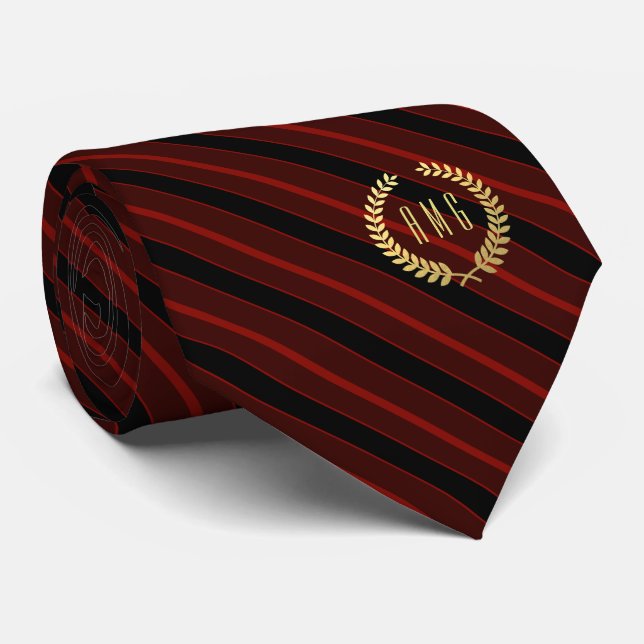 Minimal Framed Gold Monogram Red | Black Stripe Tie (Rolled)
