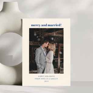 Minimal French Blue Merry Married Christmas Photo Holiday Card