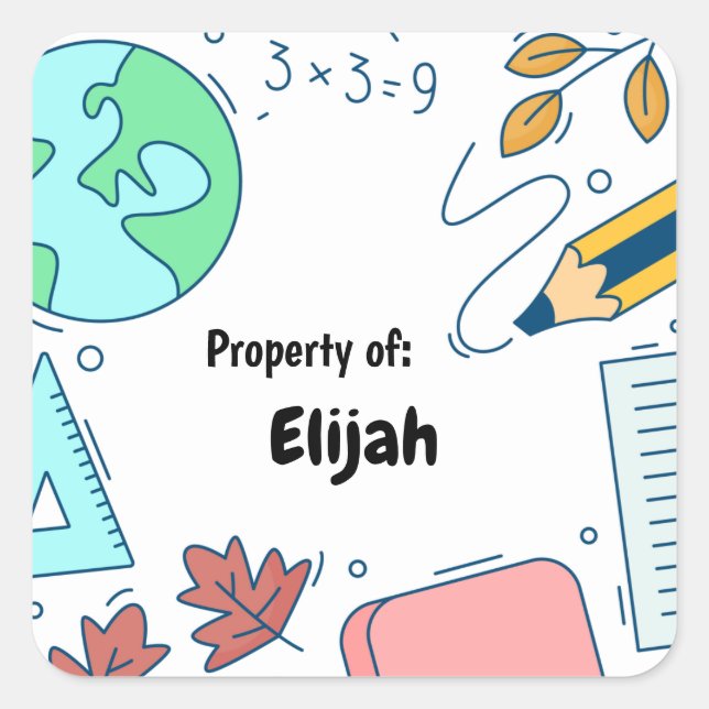 Minimal Fun School Supplies Pattern Personalised S Square Sticker (Front)