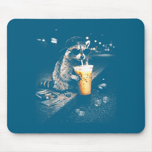 Minimal Funny Raccoon Drinking Iced Coffee Mouse Pad (Front)