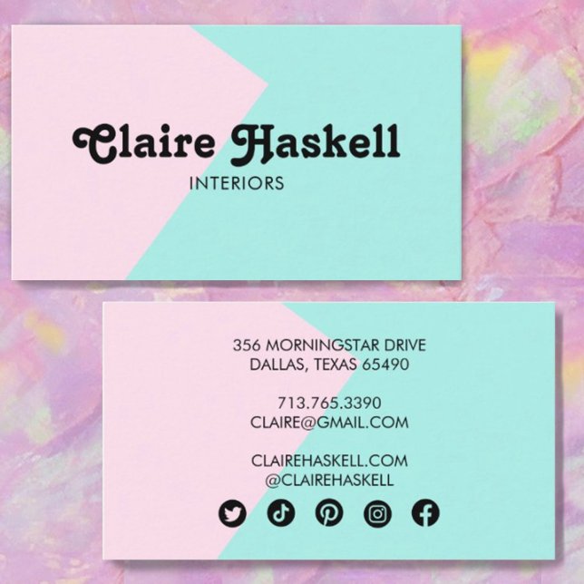 Minimal Geometric Social Media Icons Pink Aqua Business Card (Creator Uploaded)