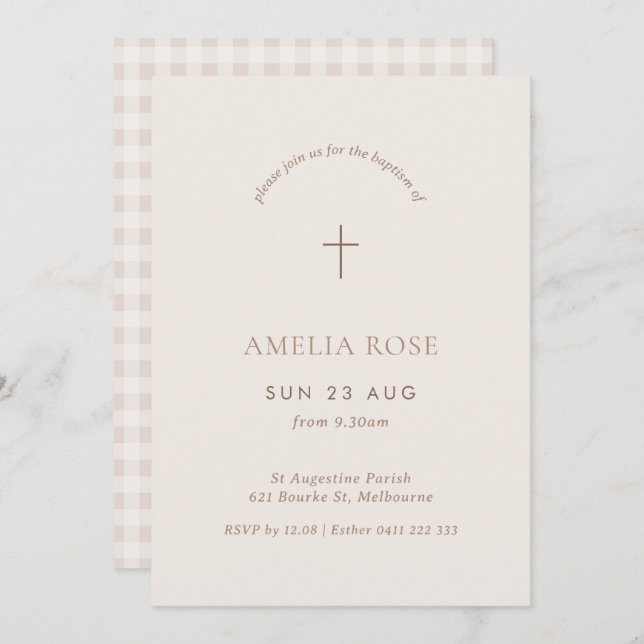 Minimal Gingham Baptism Christening Cross Invite (Front/Back)