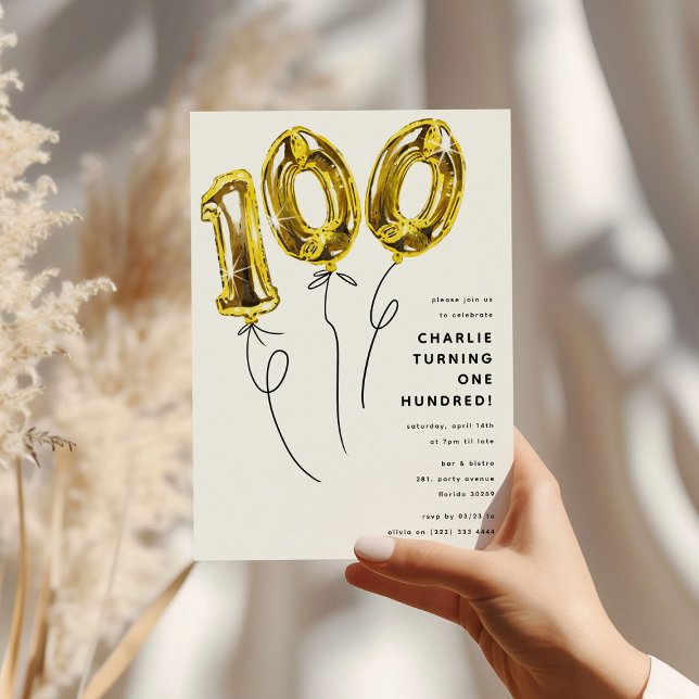 Minimal Gold 100 Balloon 100th Birthday Party Invitation (Creator Uploaded)