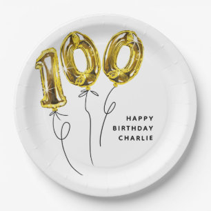 Minimal Gold 100 Balloon 100th Birthday Party Paper Plate