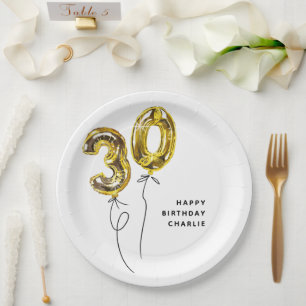 Minimal Gold 30 Balloon 30th Birthday Party Paper Plate