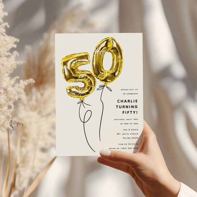 Minimal Gold 50 Balloon 50th Birthday Party Invitation (Creator Uploaded)
