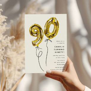 Minimal Gold 90 Balloon 90th Birthday Party Invitation
