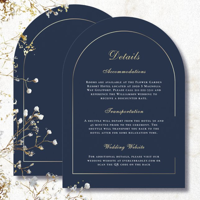 Minimal Gold Arch Navy White Script Detail Wedding Invitation (Creator Uploaded)