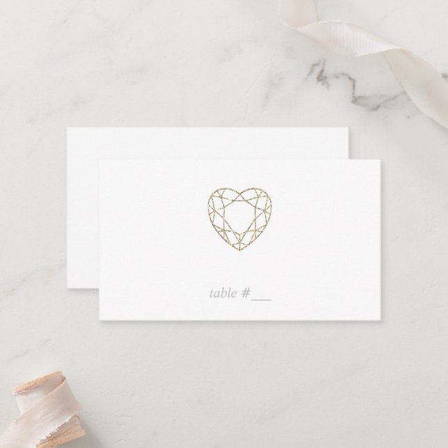 Minimal gold faux glitter heart place cards - flat (Front/Back In Situ)