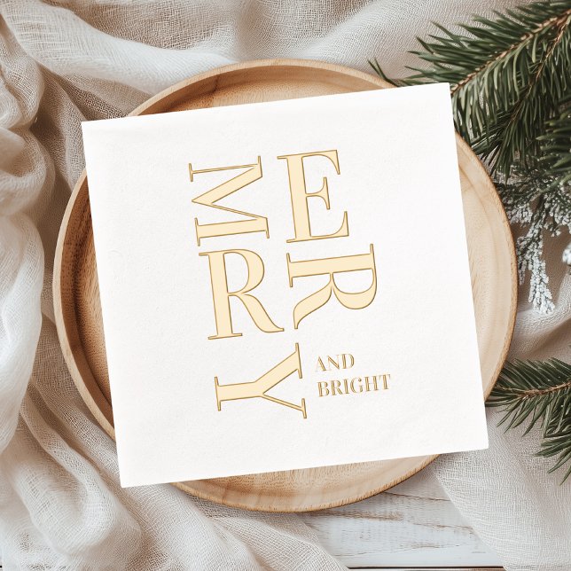 Minimal Gold Foil “Merry and Bright” Christmas  Napkins (Creator Uploaded)