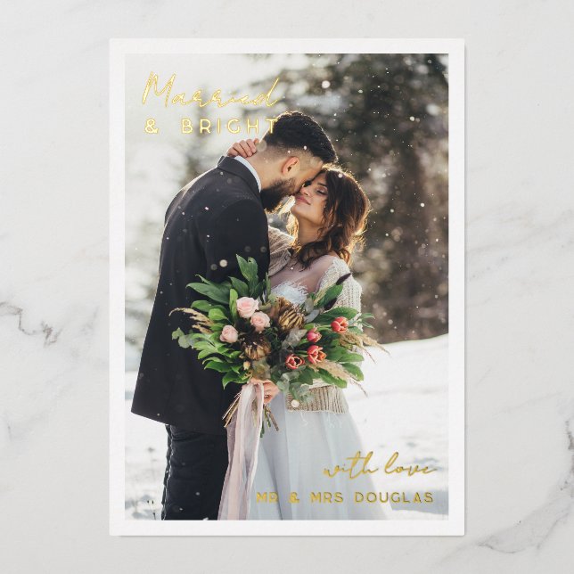 Minimal Gold Foil Typography Married Bright Photo Foil Holiday Card (Front)