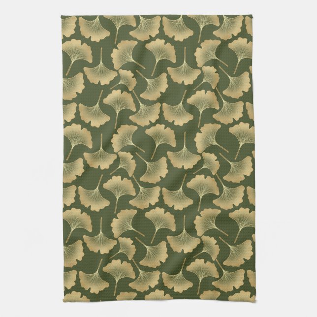 Minimal Gold Ginkgo Pattern Tea Towel (Vertical)