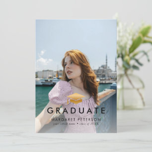 Minimal Gold Grad Cap Photo Collage Graduation Announcement