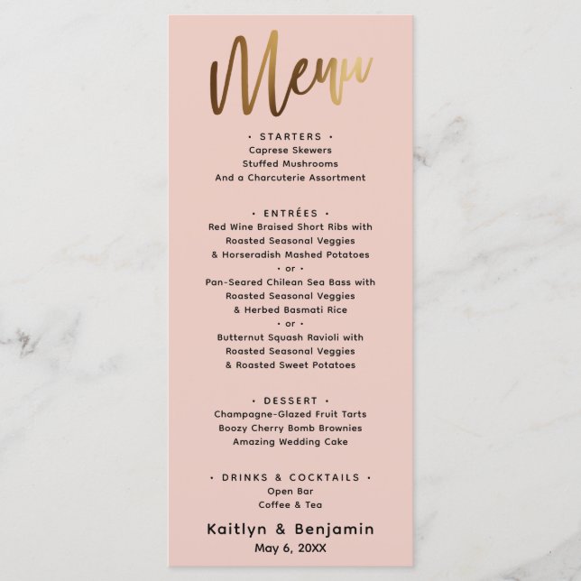 Minimal Gold Handwriting Simple Typography Blush Menu (Front)