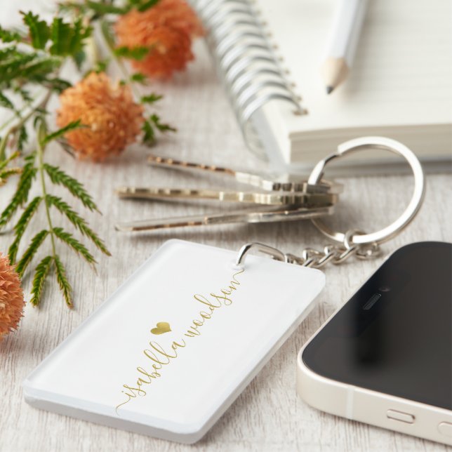 Minimal Gold Heart Script Signature Name  Key Ring (Front Right)