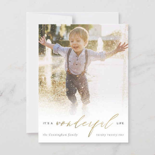 Minimal Gold It's A Wonderful Life Photo Christmas Magnetic Invitation (Front)