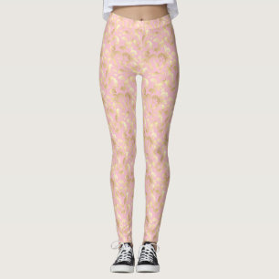Minimal Gold Leaf Pattern on Soft Pink Background Leggings