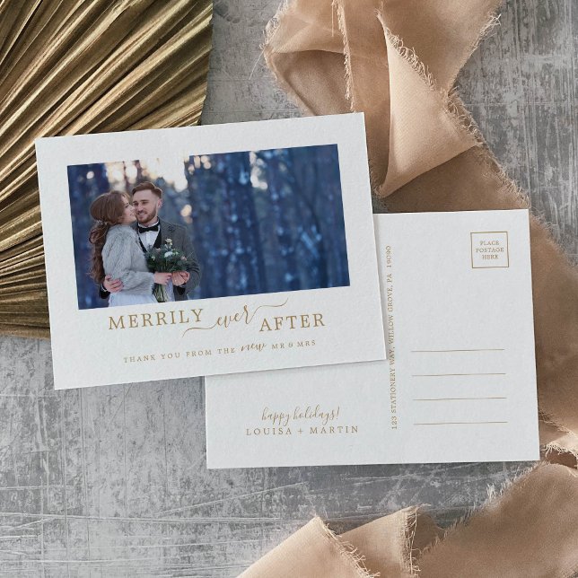 Minimal Gold Merrily Ever After Newlywed Thank You Holiday Postcard (Creator Uploaded)