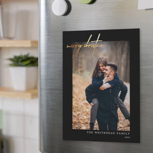 Minimal Gold Merry Christmas Black Magnetic Card (Creator Uploaded)