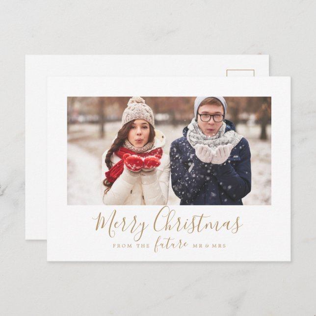 Minimal Gold Merry Christmas Save the Date Photo Holiday Postcard (Front/Back)