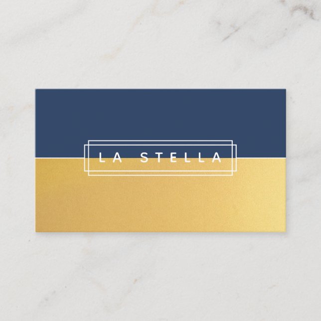 Minimal Gold & Navy Split | Geometric Line Frame Business Card (Front)