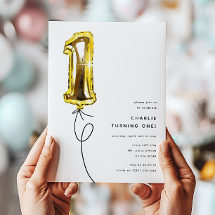 Minimal Gold One Balloon 1st Birthday Party Invitation