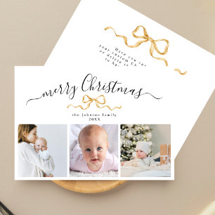 Minimal Gold Ribbon Three Photo Christmas Greeting Holiday Card