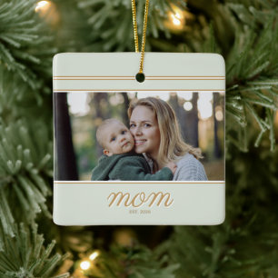 Minimal Gold & Sage Green Mum Established Photo Ceramic Ornament