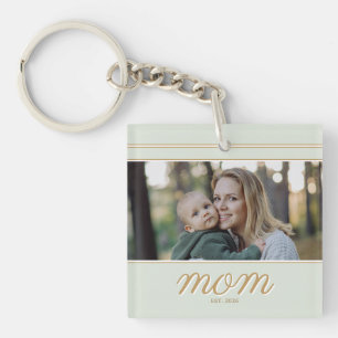 Minimal Gold & Sage Green Mum Established Photo Key Ring