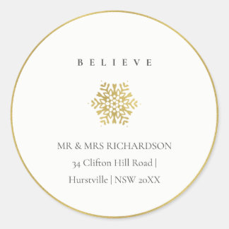 Minimal Gold Snowflake Believe Christmas Address Classic Round Sticker