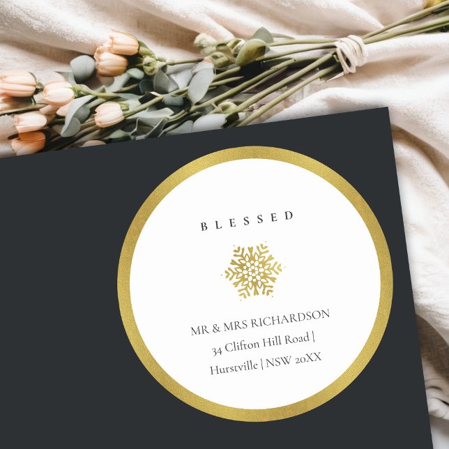 Minimal Gold Snowflake Blessed Christmas Address Classic Round Sticker (Creator Uploaded)