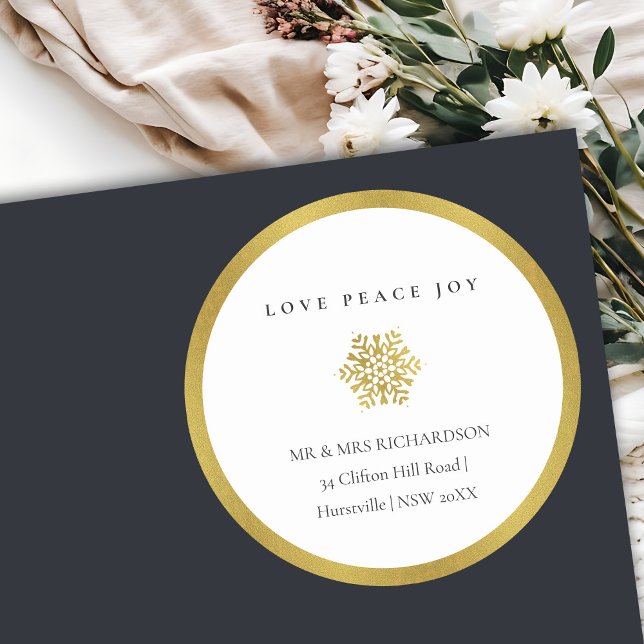 Minimal Gold Snowflake Love Joy Peace Address Classic Round Sticker (Creator Uploaded)