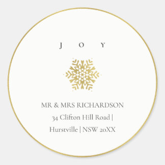 Minimal Gold SnowflakeJoy Christmas Address Classic Round Sticker