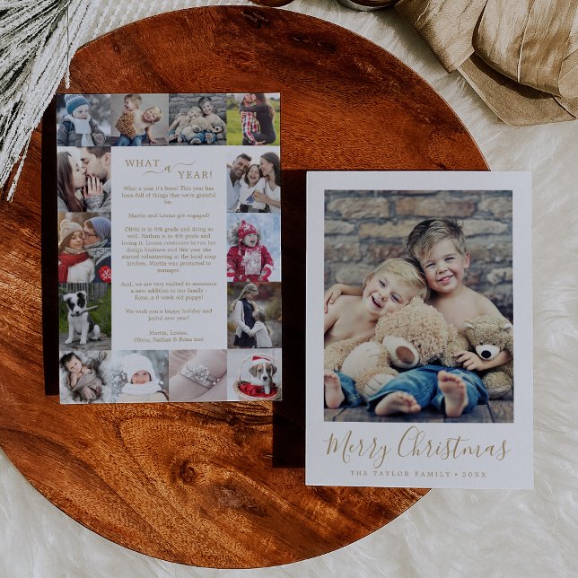 Minimal Gold What A Year Photo Collage Christmas Holiday Card (Creator Uploaded)