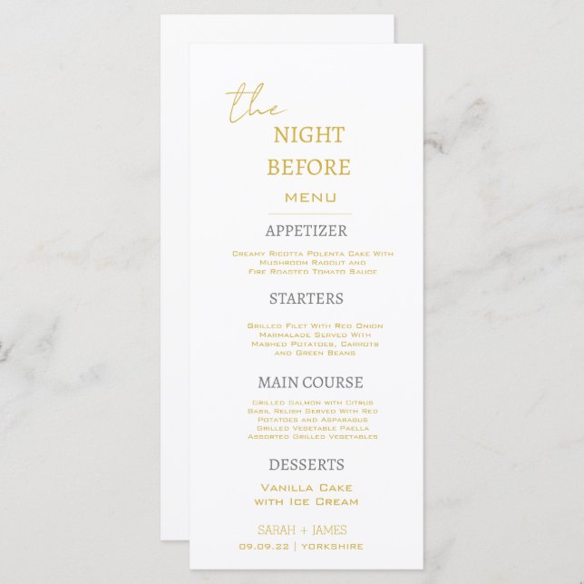 Minimal Gold & White The Night Before Wedding  Menu (Front/Back)