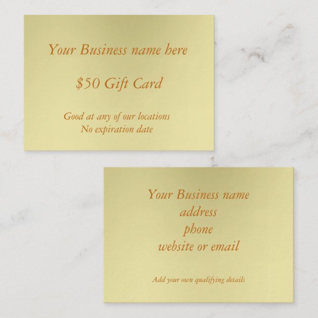 Minimal Golden Business Fifty Dollar Gift Card (Front/Back)