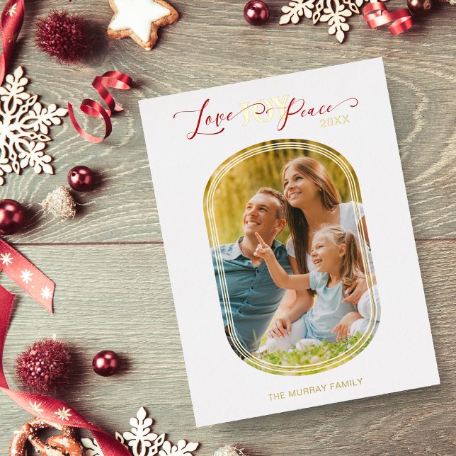 Minimal Golden Love Joy Peace Christmas Family Pic Foil Holiday Postcard (Creator Uploaded)