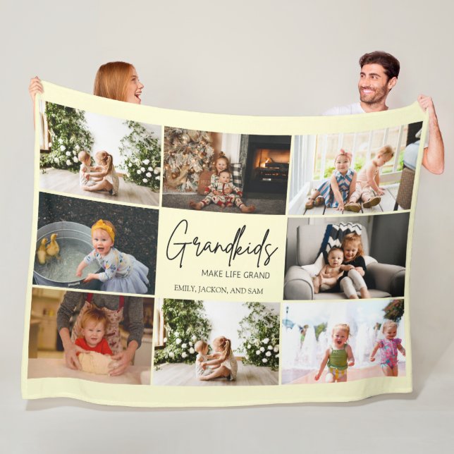 Minimal Grandkids Make Life Grand 8 Photo Collage Fleece Blanket (In Situ)