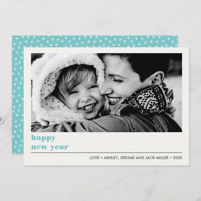 Minimal Graphic | Aqua  Happy new Year Photo Card (Front/Back)