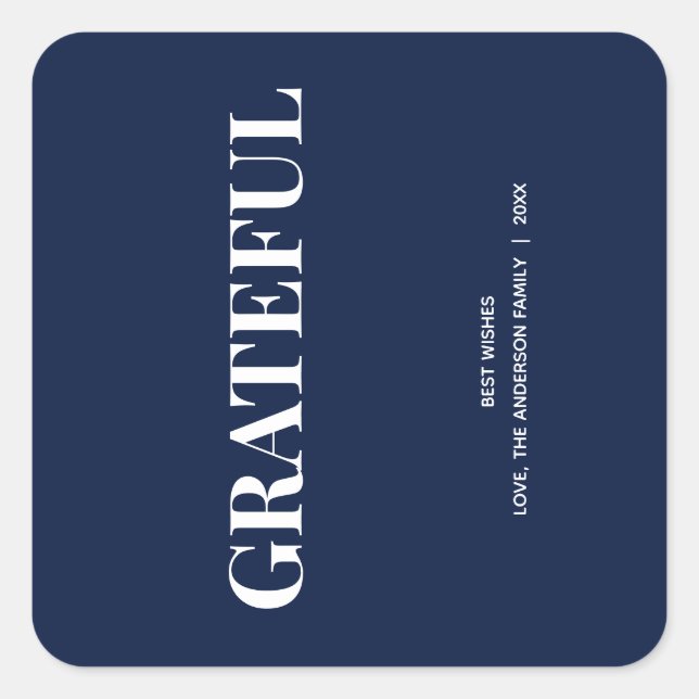 Minimal GRATEFUL | Navy Blue Holiday Square Sticker (Front)