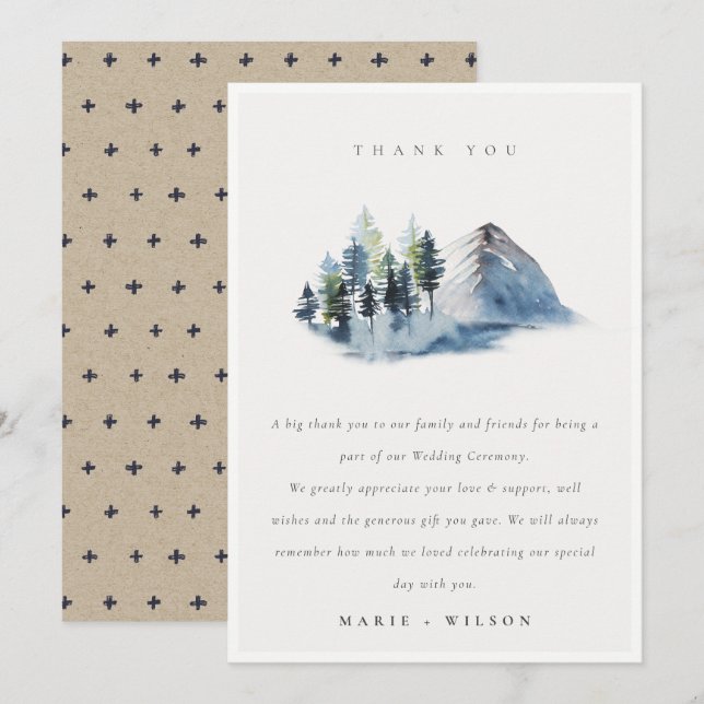 Minimal Green Blue Pine Woods Mountain Wedding Thank You Card (Front/Back)